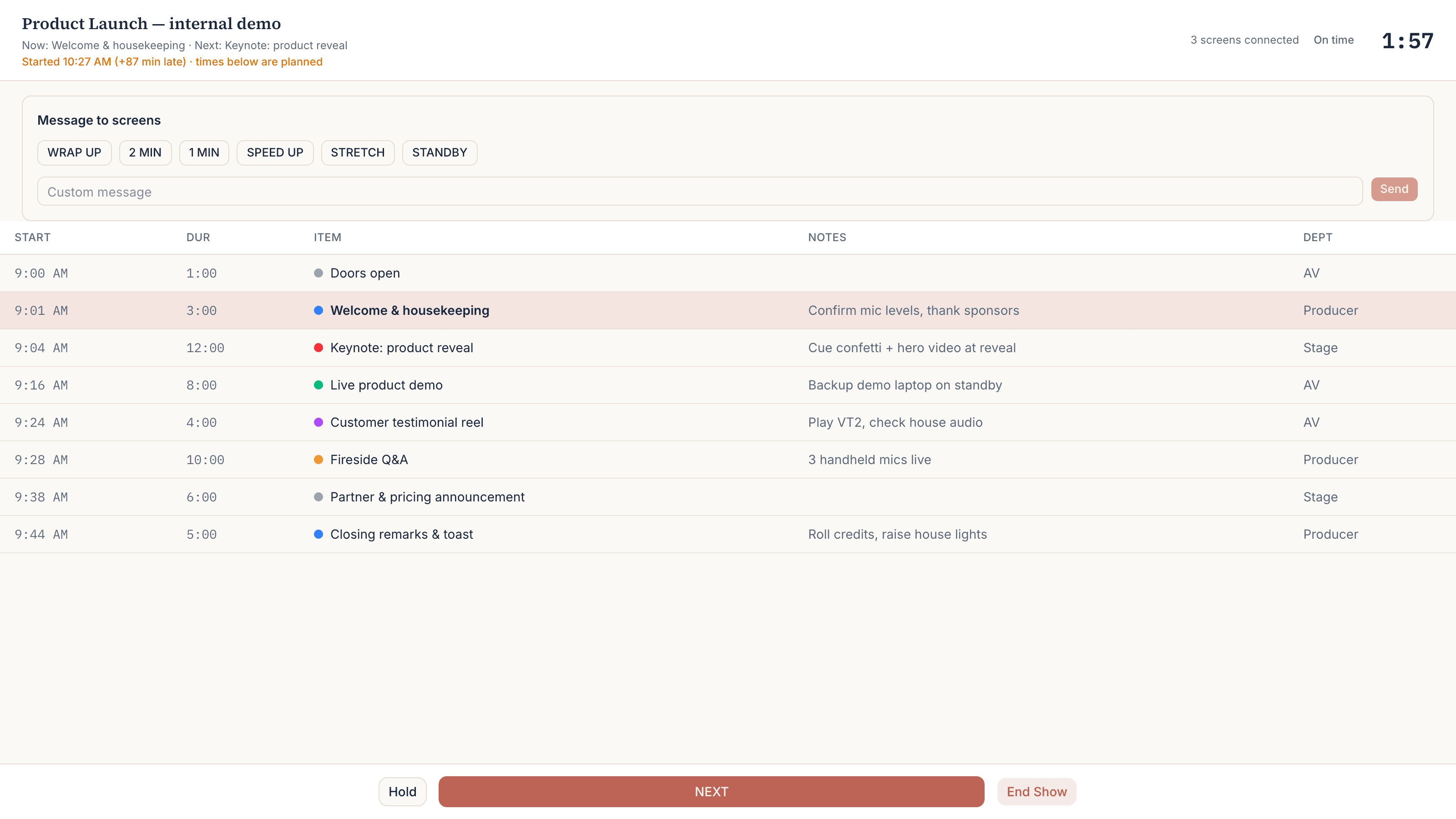 The control view during a live show: current item, countdown, drift indicator, and the Hold / NEXT / End Show controls