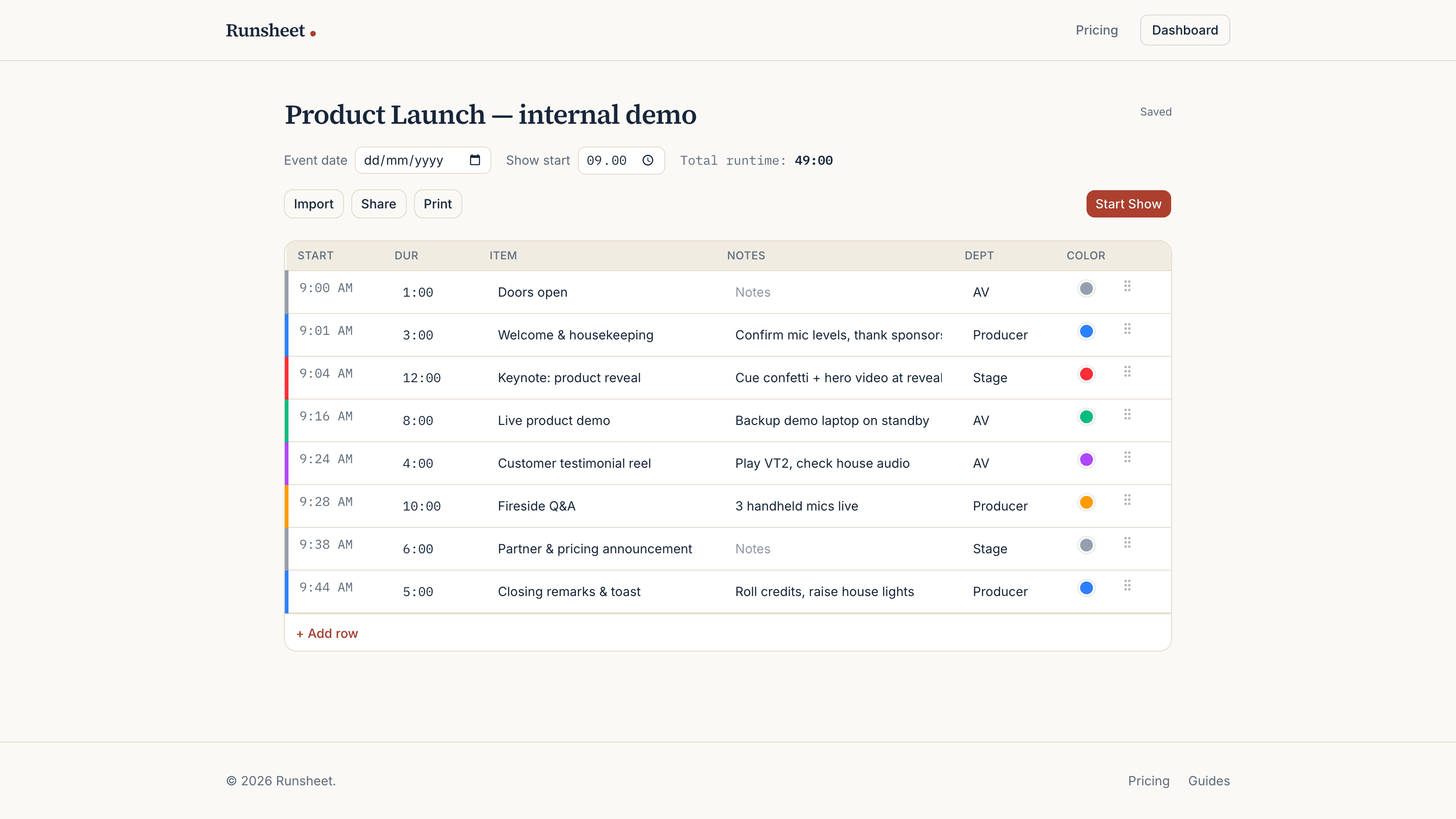 The Runsheet rundown editor with a populated product-launch rundown