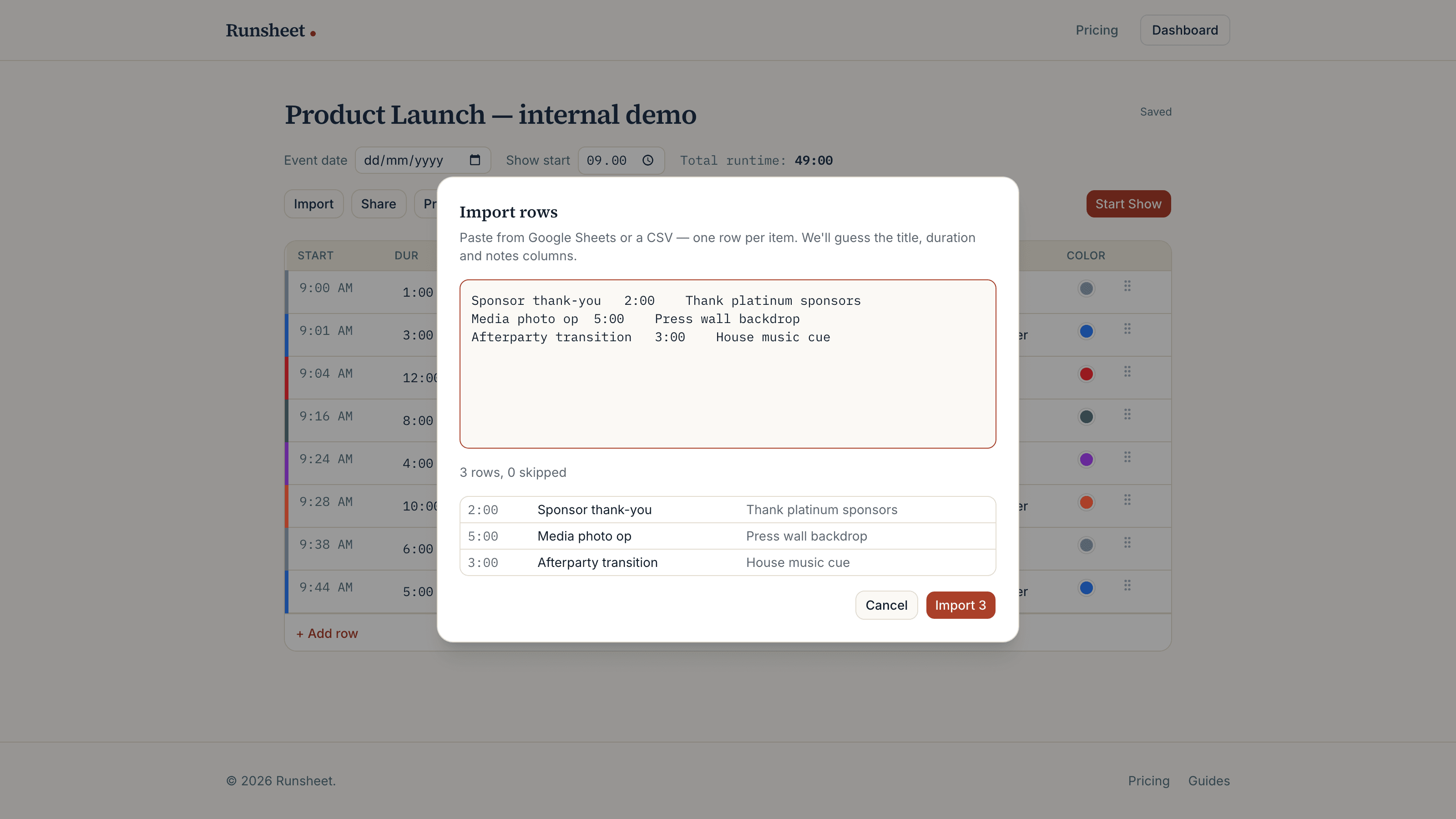 The Import rows dialog with pasted spreadsheet rows and a parsed preview